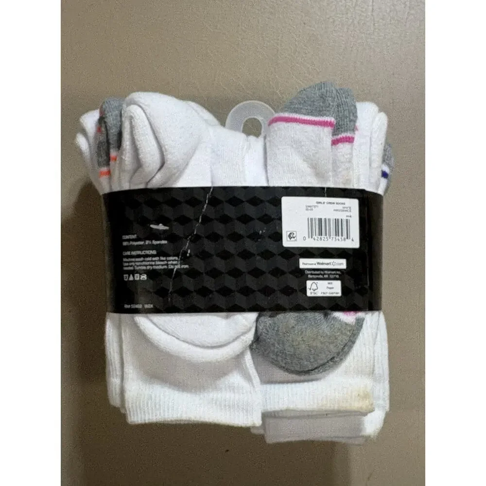 Athletic Works Girl's Crew Socks 10 PAIRS Shoe Size 10.5-4 Cushioned WHITE